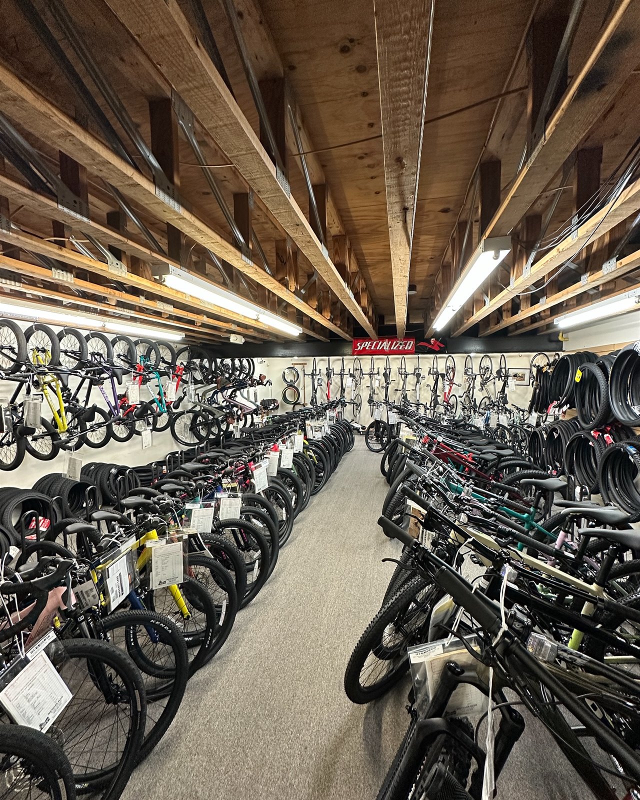 Wide aisle inside Bicycles Plus with rows of bikes and tires on display