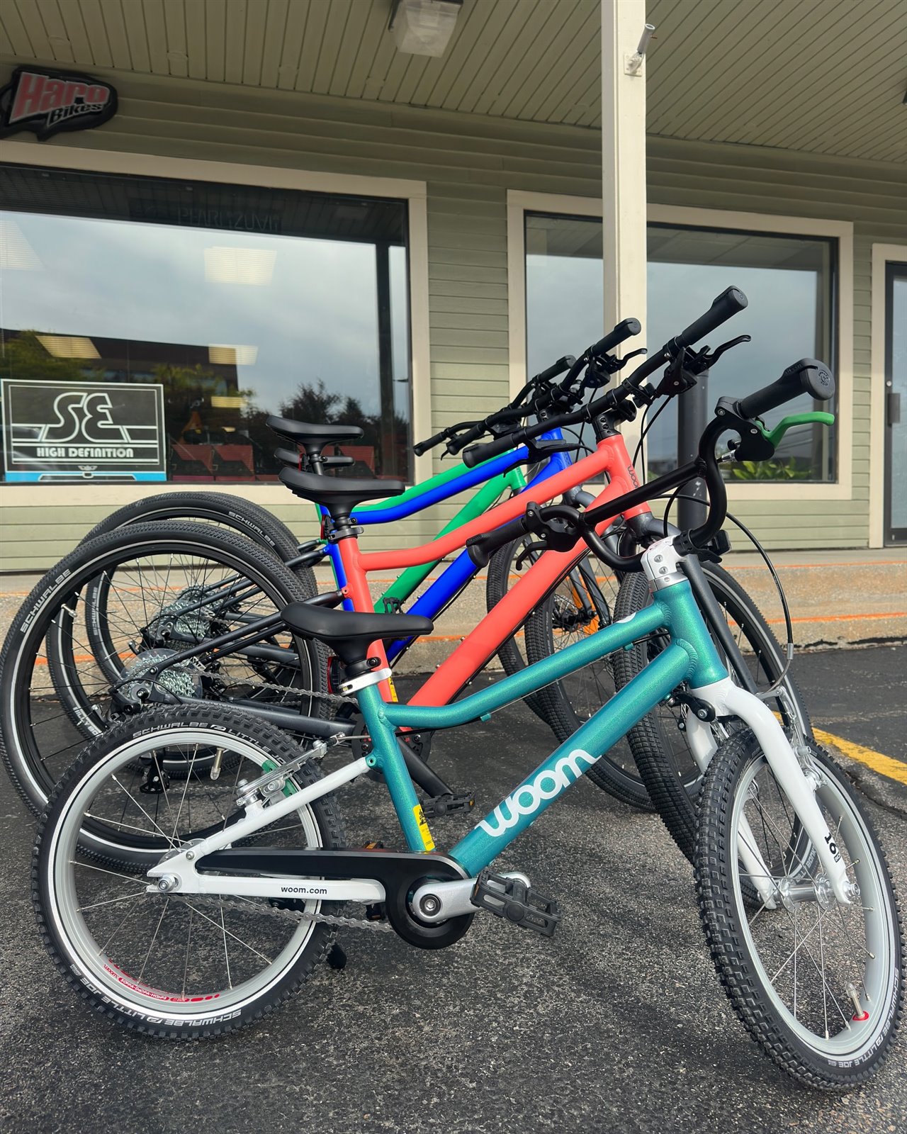 Colorful Woom kids bikes lined up outside Bicycles Plus